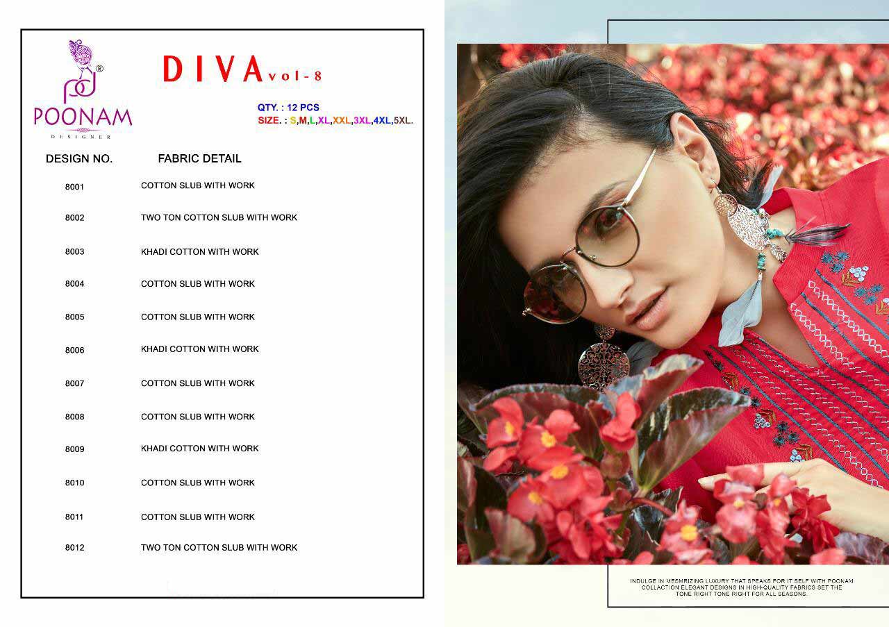 Diva Vol-8 Poonam Designer Embroidery Cotton Kurti Diva Vol-8 Poonam Designer Embroidery Cotton Kurti